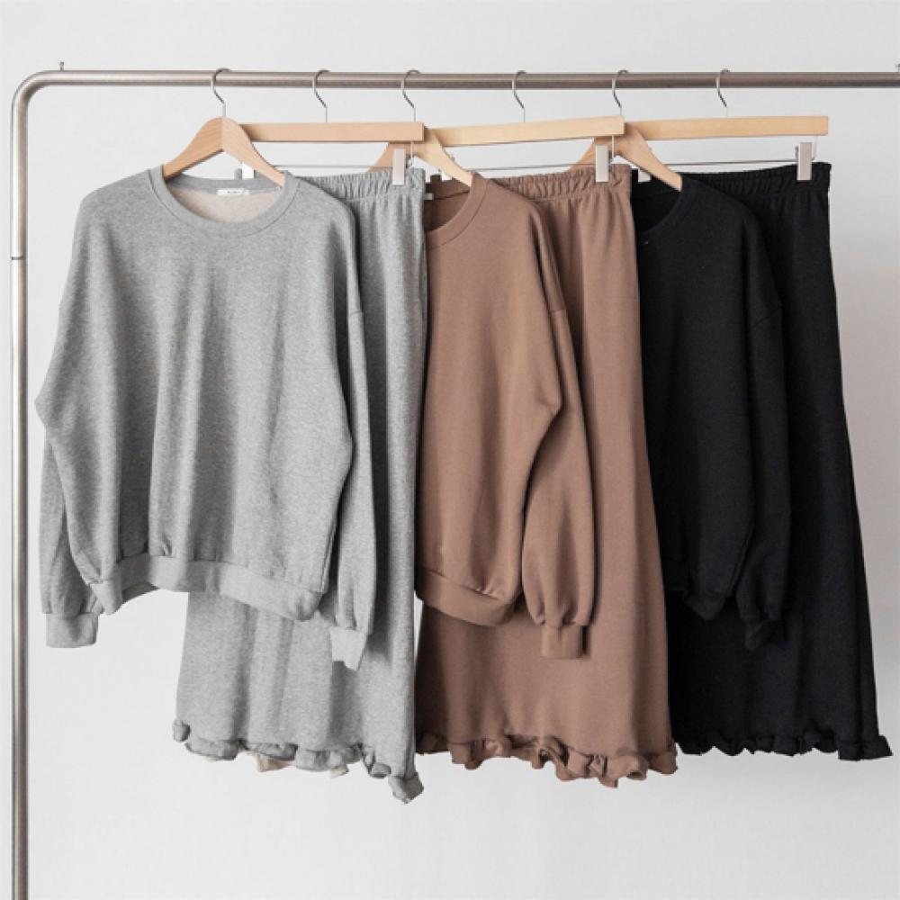 New Arrivals Open Run Women Oversize Autumn Sweatshirt Frill Long Skirt Set