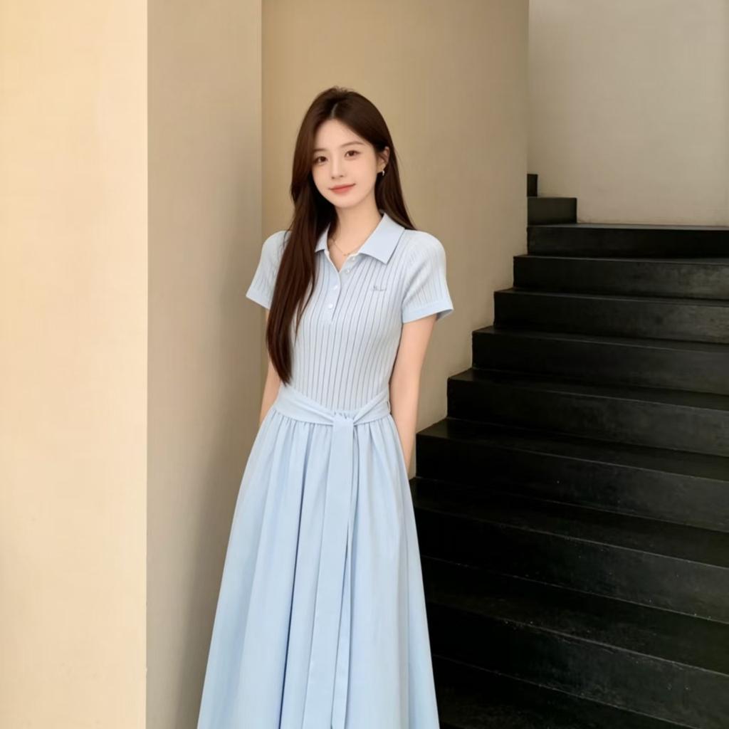 French blue polo collar dress children's summer new small man huge good-looking temperament waist dress