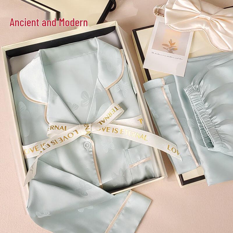 GUJIN Women s Ice Silk Long Sleeve Pajama Set L