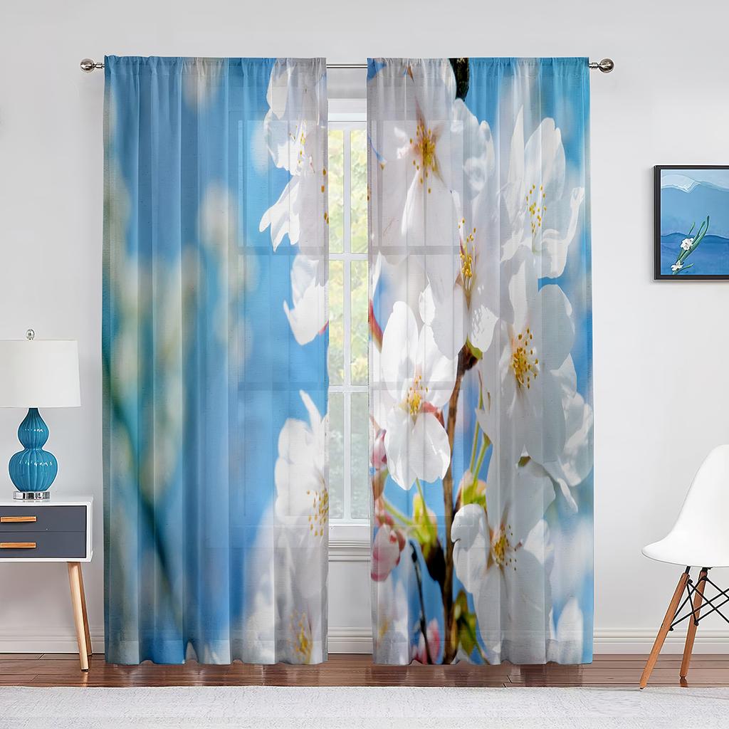 Vår Vackra Vita Blommor Blommig Skir Voile Gardiner för Sovrum Vardagsrum Kök Dekor Chiffong Tyll Fönstergardin