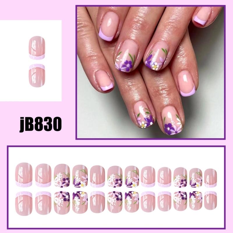 24 Pcs French Tip Press On Nail Short Square False Nail Colorful Flowers Acrylic Nail Glossy Full Cover Stick on Nail
