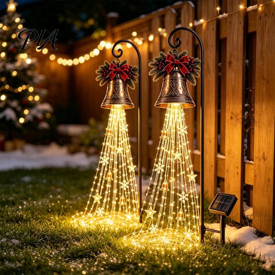 Warm White Hanging String Lights Solar Powered Christmas Garden Light, Outdoor Metal Stake Family Gathering Backyard Ambiance Star Snowflake Waterfall