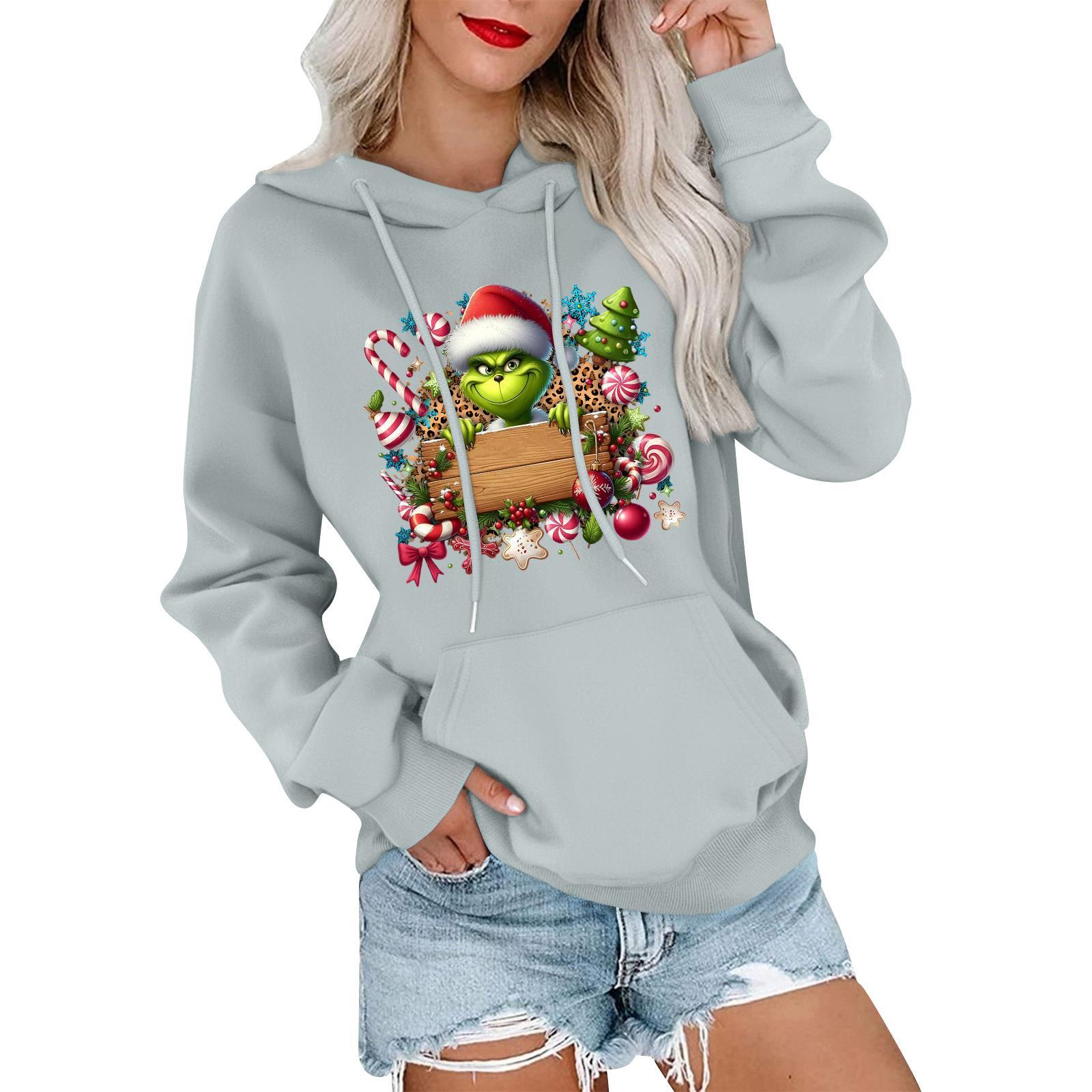 

Женский модный, расслабленный и удобный свитер с круглым вырезом и капюшоном, с длинными рукавами и рождественским принтом, теплый свитер L