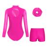 Girls Mesh Long Sleeve Cutout Back Sparkly Rhinestone Leotard V Front Waistband Shorts Hairband Gymnastics Set