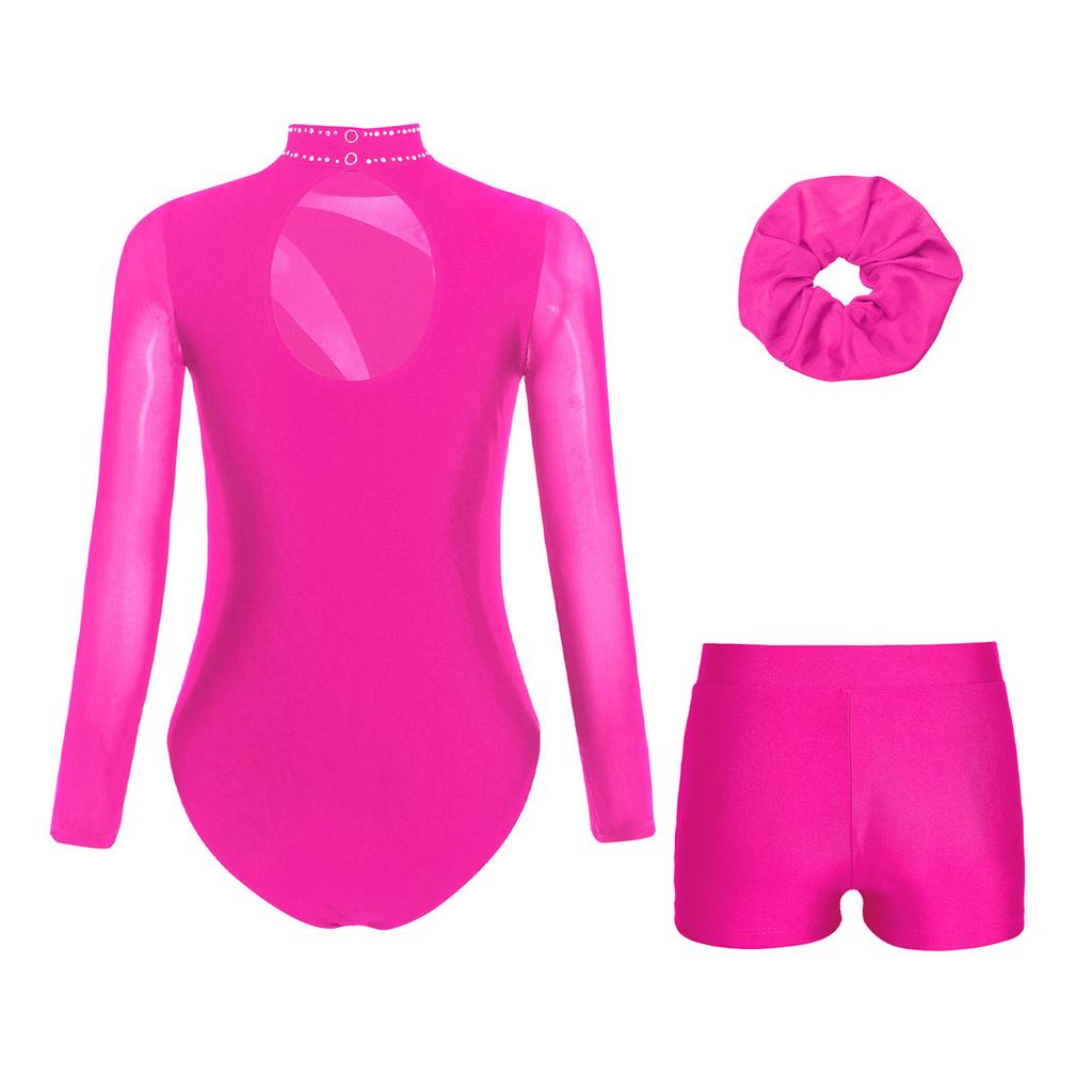 Girls Mesh Long Sleeve Cutout Back Sparkly Rhinestone Leotard V Front Waistband Shorts Hairband Gymnastics Set