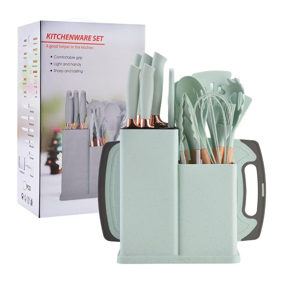 19-Piece Non-Stick Kitchenware Set: Silicone Spatula & Spoon with Wooden Handles + Knife Set In Stock