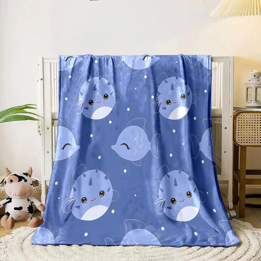 Cute Blue Fish Cartoon Pattern Print Blanket Soft and Cozy Perfect for the Living Room Bed Sofa or a Nap,gift