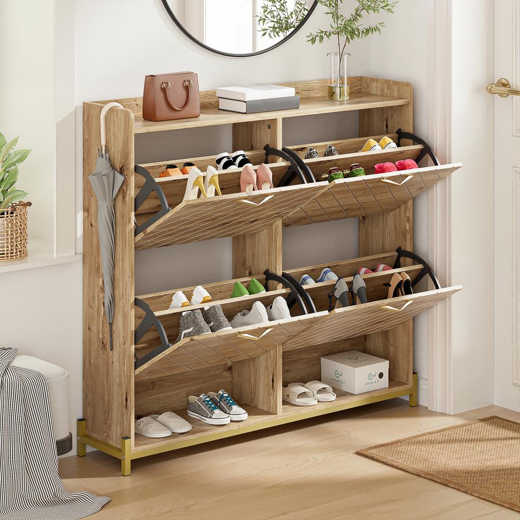 Modern Shoe Rack In Wood Look – 4-Door Shoe Cabinet – Space-Saving Shoe Cabinet for Entrance Area, Hallway or Hallway – Sturdy and Stylish