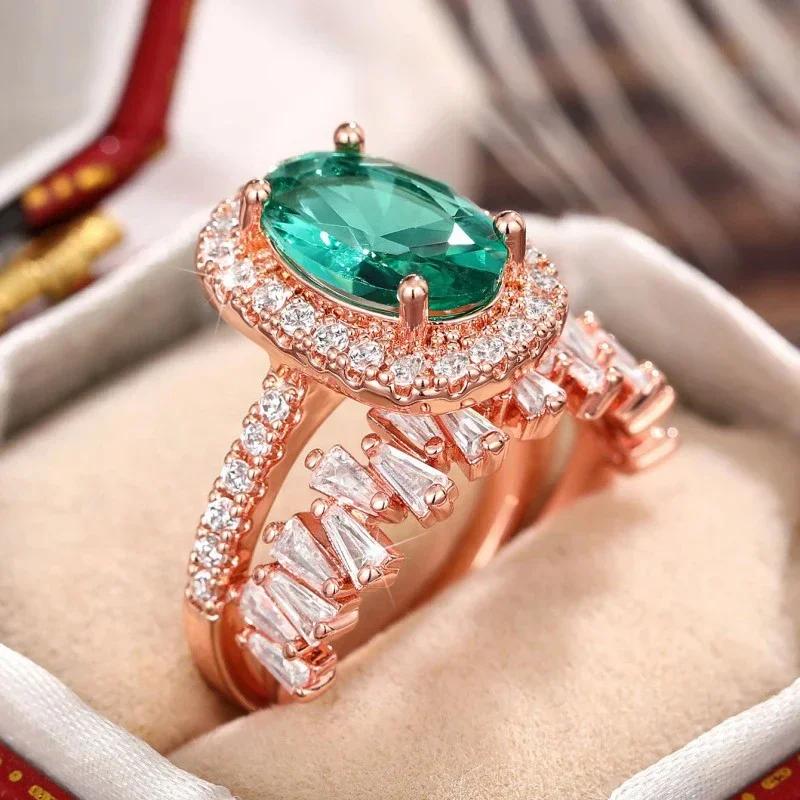 S Bridal Ring Sets Rose Gold Color Bright Zirconia Finger Jewelry for Engagement Party Gorgeous Accessories for Lady