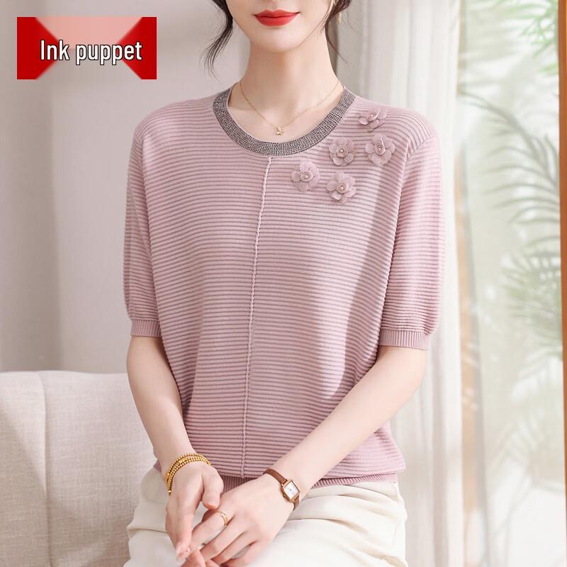 

Mooou Women s Round Neck 3D Flower Short Sleeve Knit Top XL