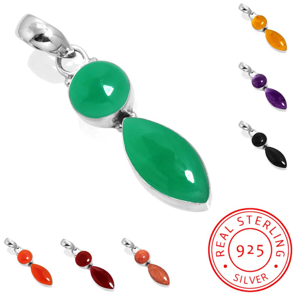 925 Sterling Silver Pendant Women Handmade Jewelry Valentine's Day Gift Amber Amethyst Black Onyx Carnelian Garnet Quartz Green Onyx Gold Stone