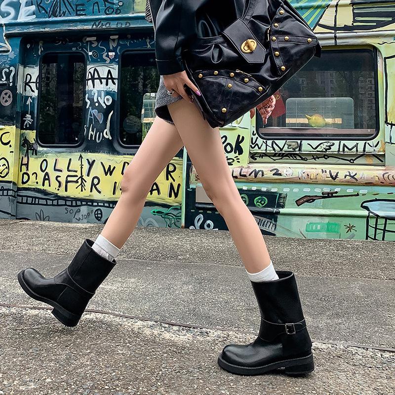 Cowhide~ Leather Belt Buckle Straight Boots Small Thick-soled British Martin Boots Western Boots Short Boots Women's Knight Boots