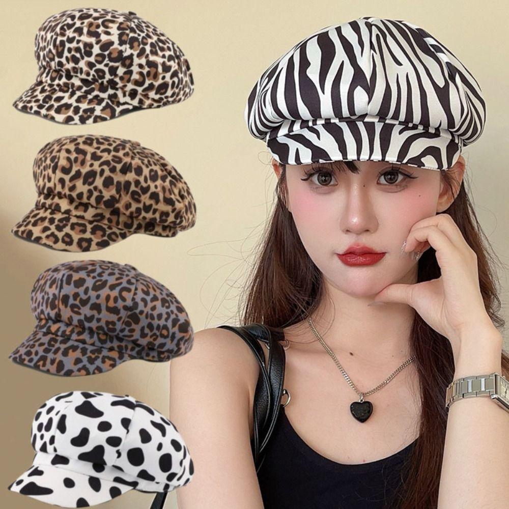 Y2K Leopard Print Octagonal Hat Polyester Peaked Cap Cute Women Beret  Ladies