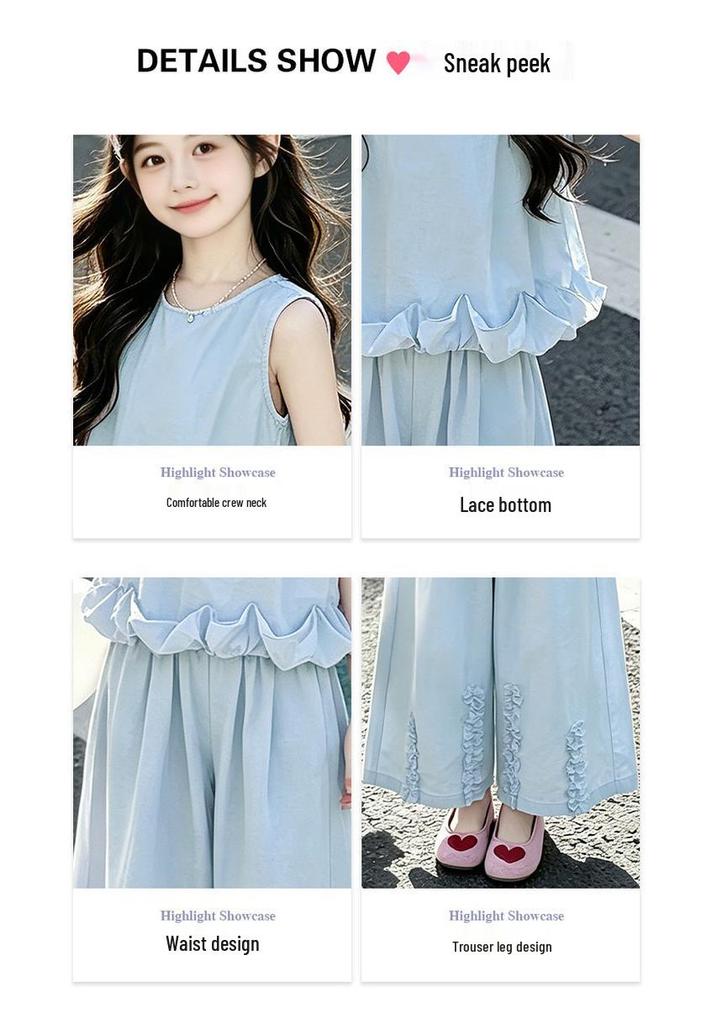 2026 Girls' Lace Vest & Wide-Leg Pants Two-Piece Summer Set - Korean Style