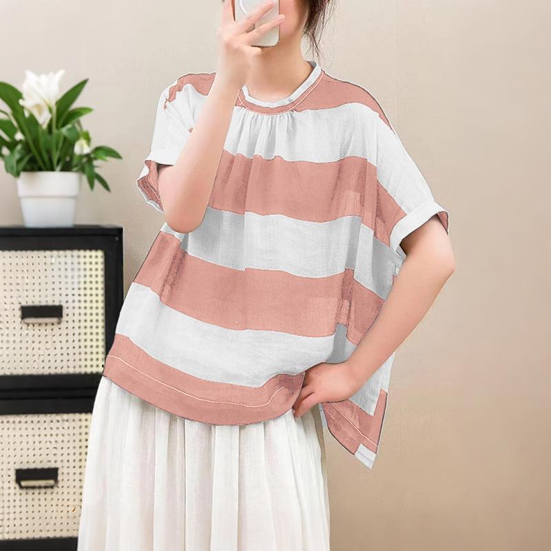 

ZANZEA Женская повседневная блузка с круглым вырезом и коротким рукавом в полоску 5XL розовый