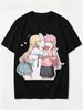 2026 New Unisex Crew Neck Casual Short Sleeve T-Shirt With Pinching Cheeks Two Anime Girls Heart Decor Cutout Anime Print