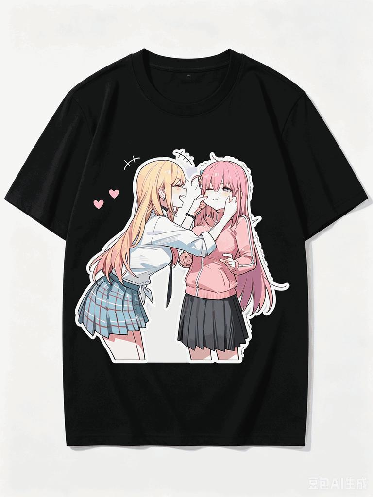 2026 New Unisex Crew Neck Casual Short Sleeve T-Shirt With Pinching Cheeks Two Anime Girls Heart Decor Cutout Anime Print