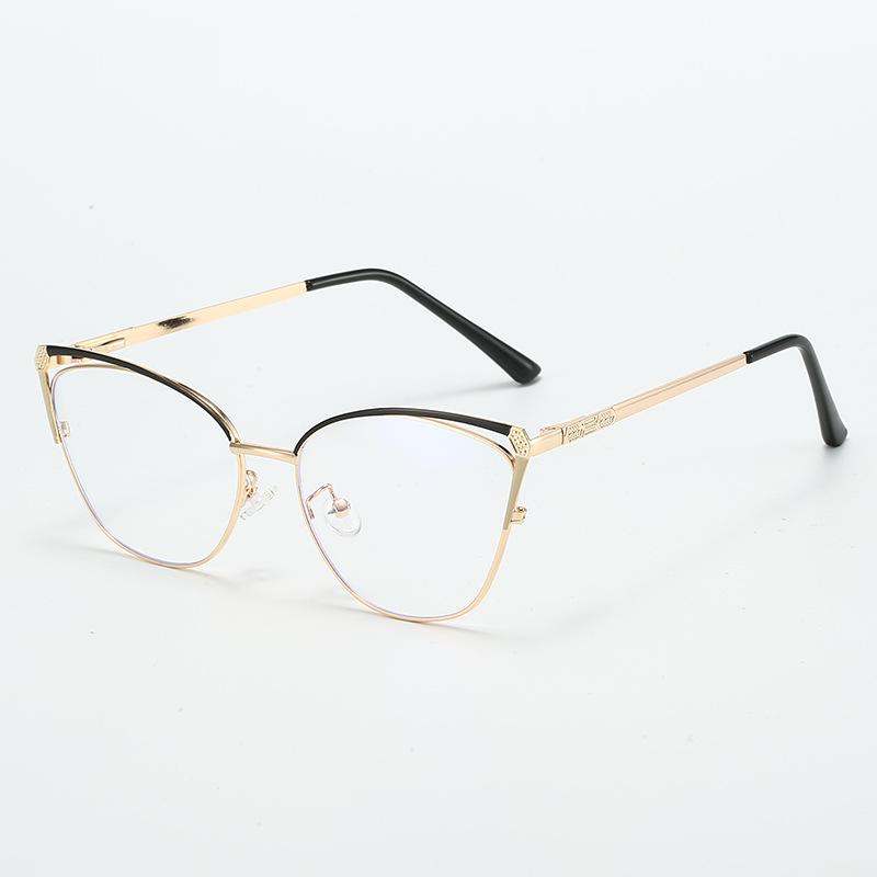 New cat eye glasses fashionable hollow high-value metal women's anti-blue flat mirror holder ultra-light