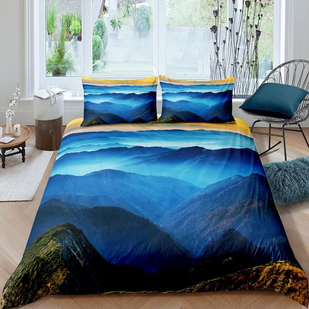 Smoky Mountain King Queen Bettbezug Grauer Nebel Kiefern Bettwäscheset Retro Naturlandschaft Kunst 2/3-teilig Polyester Bettdeckenbezug