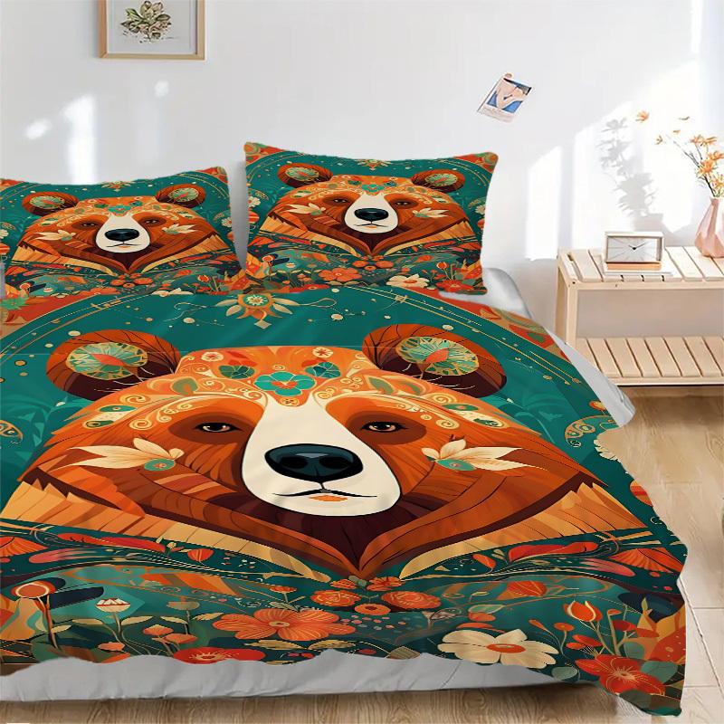 3pcs bedding set Floral Bear Includes 1 Comforter + 2 Pillowcases, Without Pillow Inserts, Soft Comfortable, Lightweight Breathable034