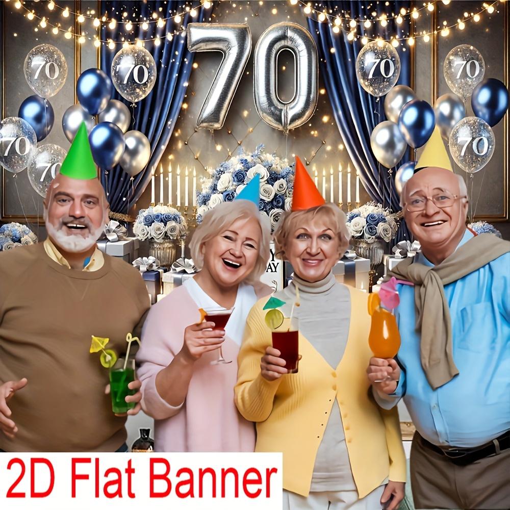 2D Plane 70th Birthday Party Background Banner - Elegant Blue and Silver Polyester Design