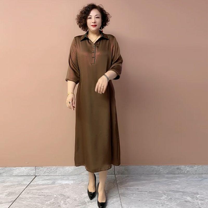 Women’s Silk Dress Summer Lapel Plus-size Dress Solid Color Soft Skin-friendly Breathable Silk Long Dress