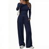 Womens 2-Piece Casual Set Long Sleeve Top Wide Leg Pants Solid Color Daily Wear