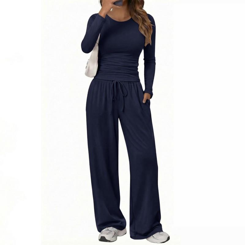 Womens 2-Piece Casual Set Long Sleeve Top Wide Leg Pants Solid Color Daily Wear