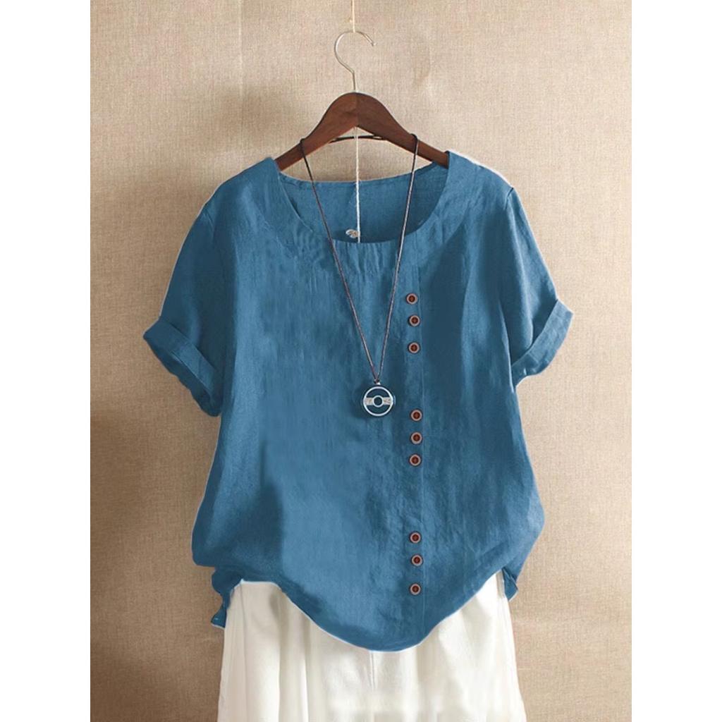 18 Colors S-5XL Women Cotton Linen Button Blouse Summer Female O-Neck Short Sleeve Solid Shirt Tops