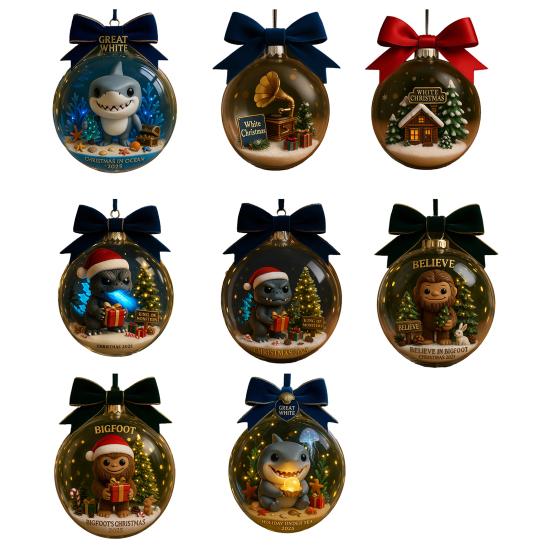 Christmas Snow Ball Ornaments Vintage Sewing Machine/Village Scene/Big Foot Xmas Tree Ornaments Winter Clear