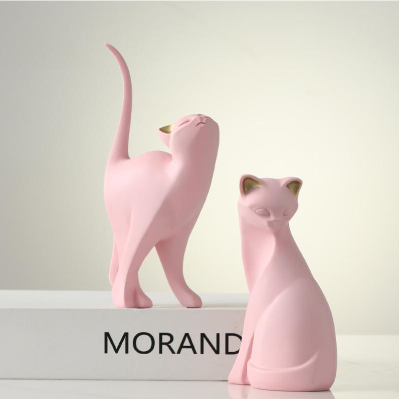 2pcs Pink Cat Statue Geometric Cat Sculpture Animal Statue Art Figurine Modern Home Decorations Animal Figurine Resin Sculpture for Home Office Gift