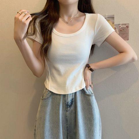 Design sense, line decoration, scheming U-neck short-sleeved T-shirt, women's summer new slim-fitting and thin bottoming shirt