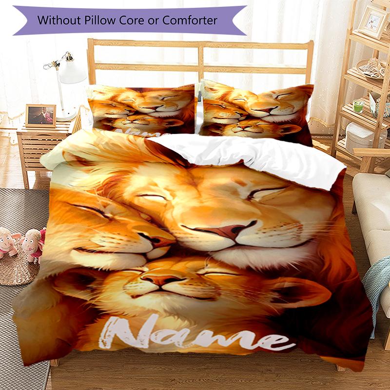 3pcs Custom Name Lion Bedding Set Duvet Cover Closure Includes 1 Duvet Cover & 2 Pillowcases, Soft and Comfortable for All Seasons.