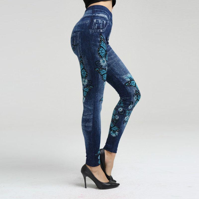 Blue Butterfly Faux Denim Quick-Dry Knit Leggings, Breathable & Hip-Lifting, Nine-Point Length