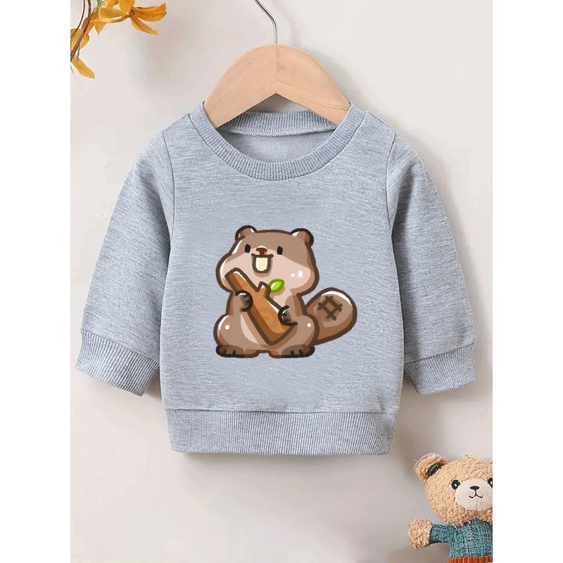 European Sizes Cute Beaver Print Sweatshirt for Kids Aged 0-3, Featuring Long Sleeves And a Round Neck
