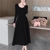 Autumn/Winter A-Line Knitted Dress with Puff Sleeves and Square Neck - Waist-Slimming, Elegant Socialite Style