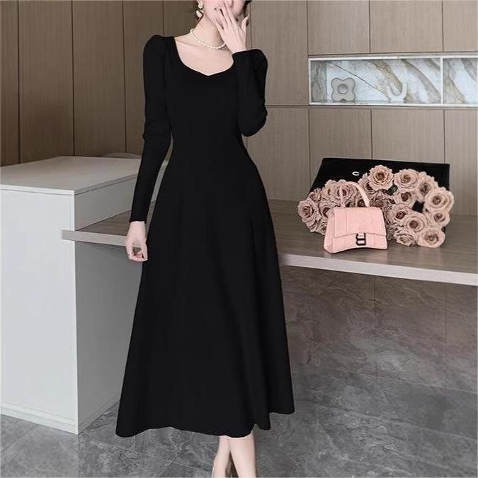 Autumn/Winter A-Line Knitted Dress with Puff Sleeves and Square Neck - Waist-Slimming, Elegant Socialite Style