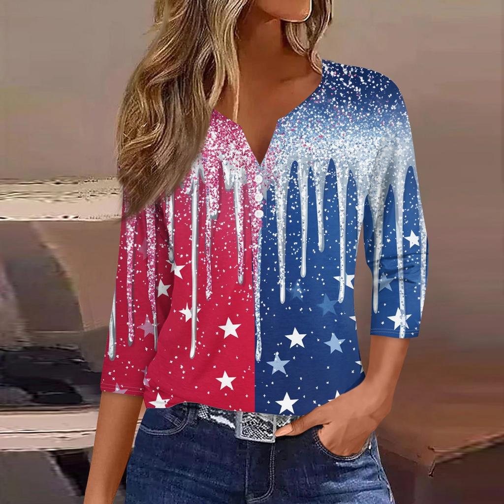 Women's T Shirt Print Button 3/4 Sleeve Daily Weekend Fashion Basic V- Neck Regular Top