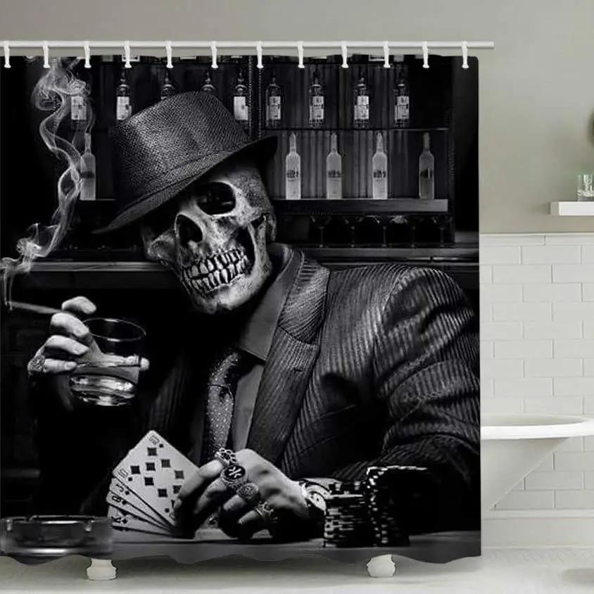Halloween Shower Curtain 3D Printing Horror Skull Motorcycle Waterproof Bathroom Curtains Bathtub Screen Decor with 12 Pcs Hooks