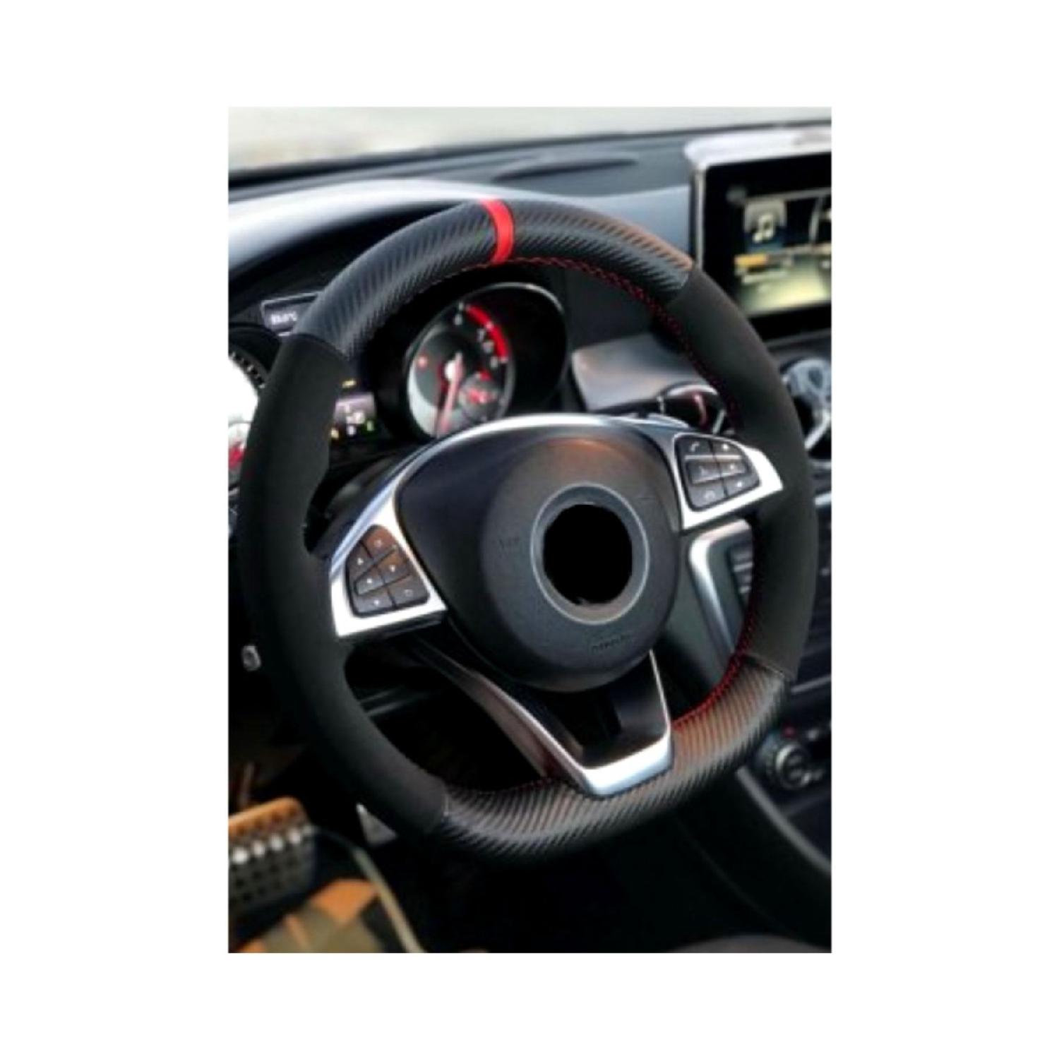 

Renault Megane 2 Совместимый чехол на рулевое колесо с красным кольцом из нубука и карбоновой стойки