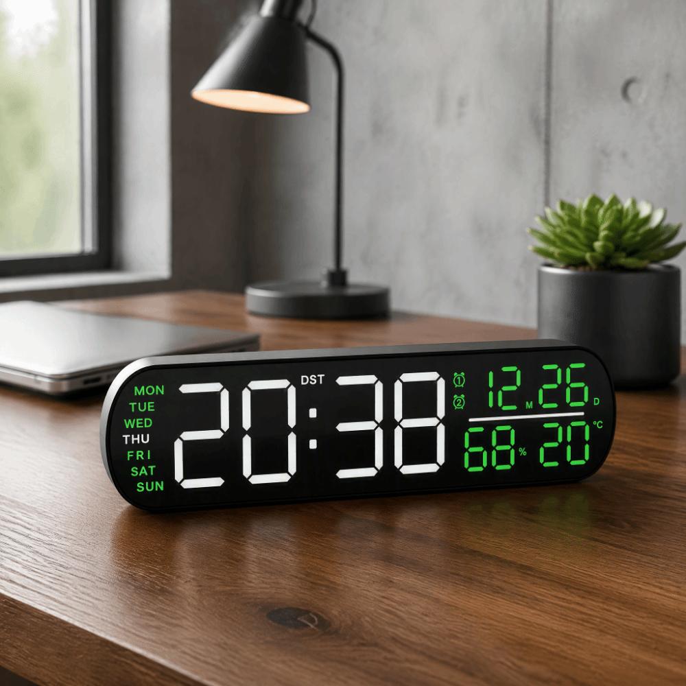 Black Shell Green Digital Alarm Clock 26.5x3.5x7cm Table Clock Compact LED Desk Clock  For Bedroom