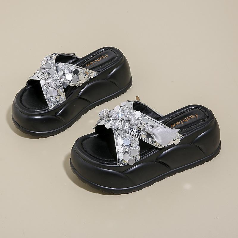 

Повседневная обувь с пайетками ультралегкая и универсальная летняя обувь с открытым носком и стразами новая обувь на танкетке 39