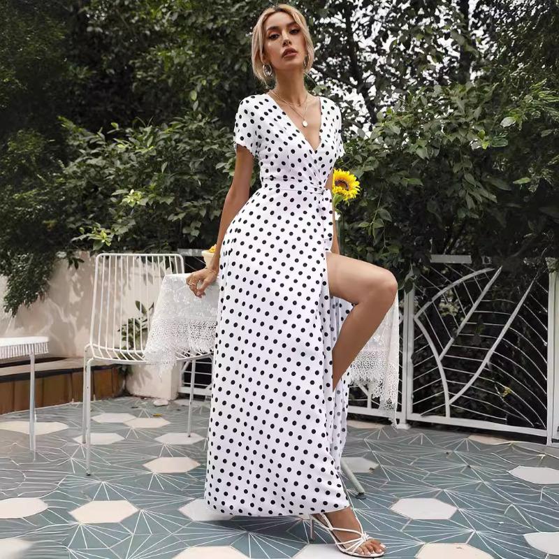 Women's Summer Waist Short Sleeve Polka Dot Split Dress