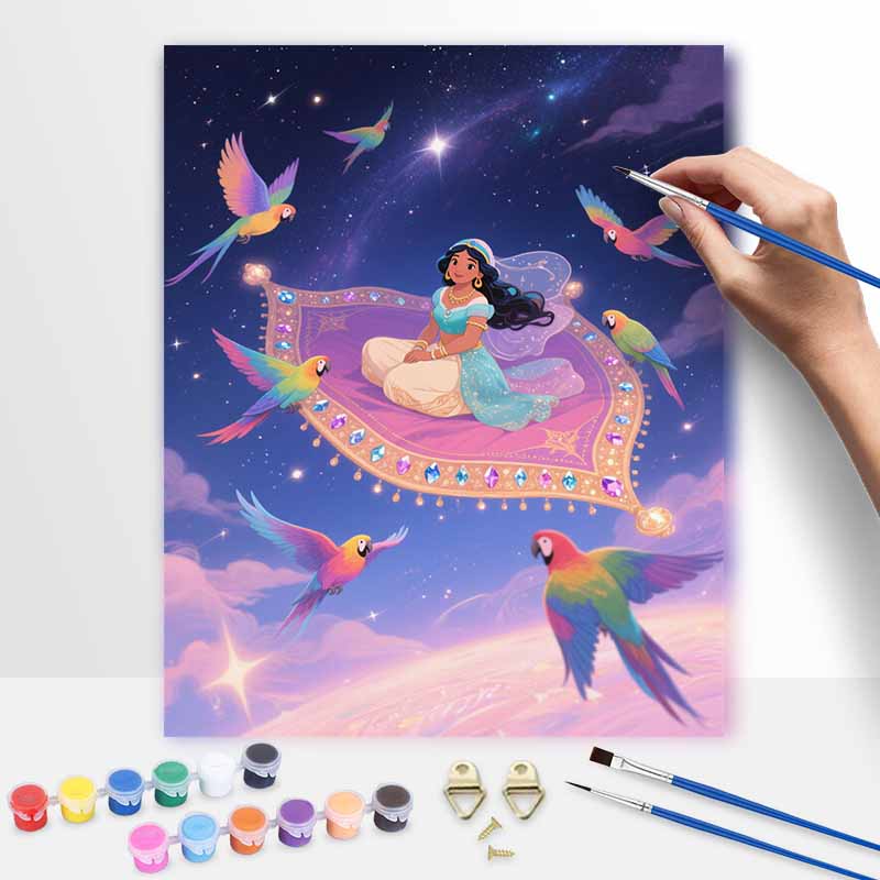 Disney Digital Oil Painting Princess Jasmine Magic Carpet Colorful Parrots Hand Painting Kit Diy Home Decoration