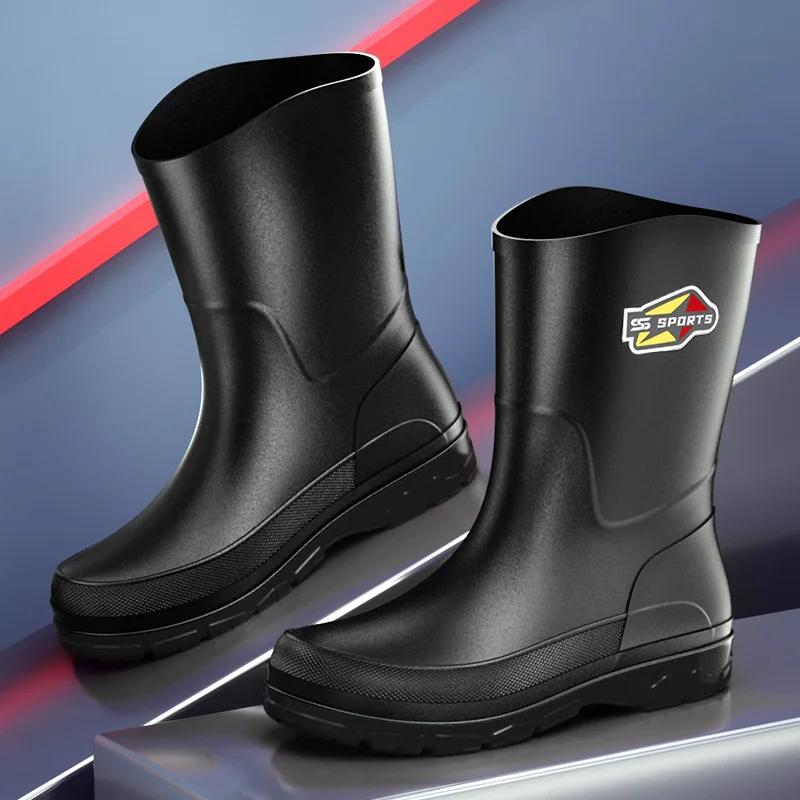 Men's Mid-Calf Rain Boots Pure Black Fishing Boots Slip-Resistant Large Size 39-48 Waterproof Rubber Shoes Eco-Friendly