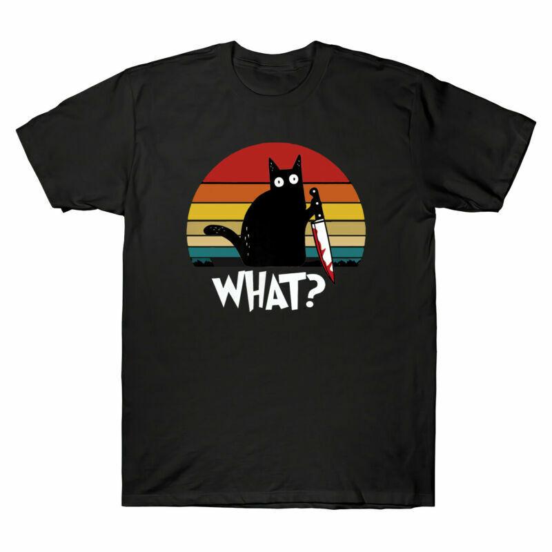 Cat What Funny Black Cat Shirt, Murderous Cat Hold Knife Vintage Retro T-Shirt XXXXL