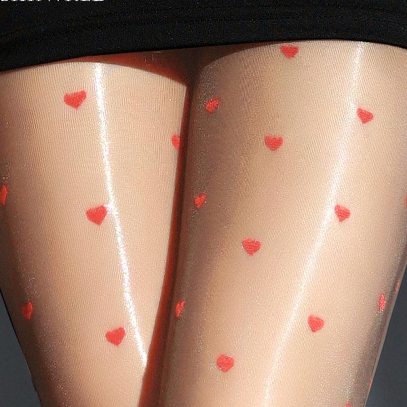 

Сексуальные женские колготки с принтом сердечек, с Т-образной ластовицей, маслянистые, блестящие, шелковистые, эластичные колготки с высокой талией One size