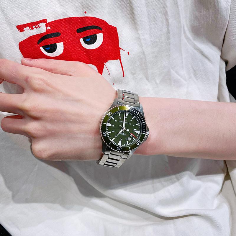 Hamilton Seria Khaki Navy Mișcare Mecanică Automată Ceas Sportiv Verde pentru Scufundări Bărbați Ceasuri Oțel H82375161