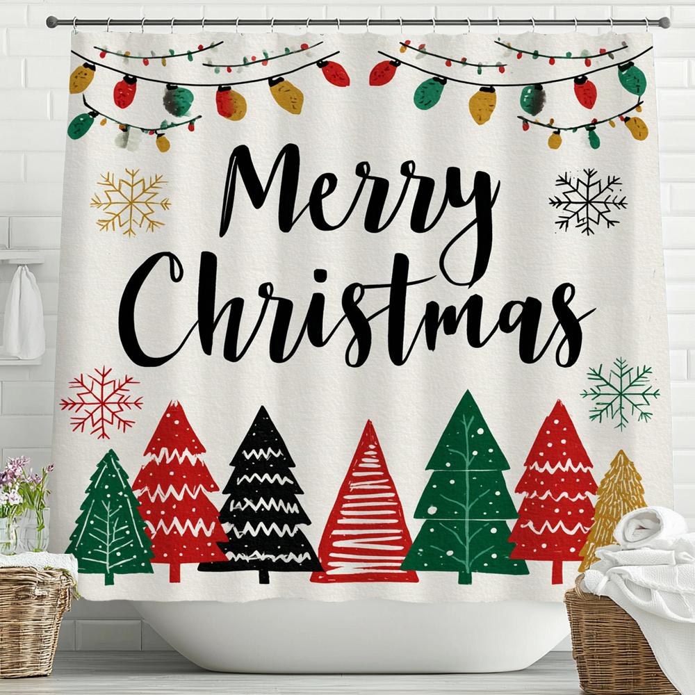 Merry Christmas Cartoon Shower Curtain, Bathroom Decorative Shower Curtain, Printed Christmas Tree Shower Curtain with Hooks