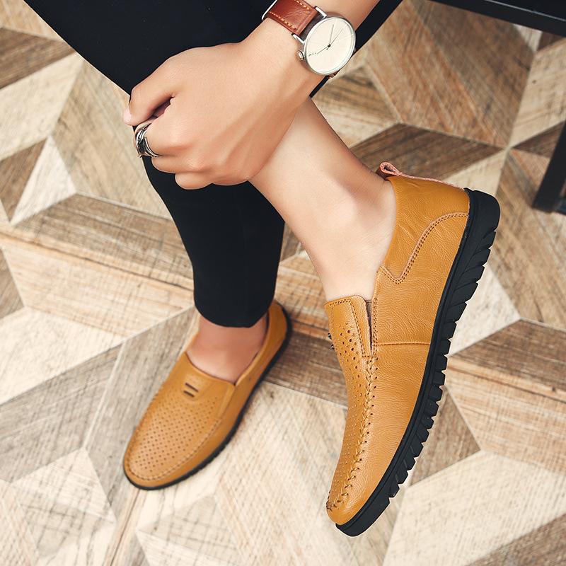 Hollow Out Bean Shoes Men's Breathable Casual Leather Shoes, Hand Punched Oversized Men's Shoes Trend